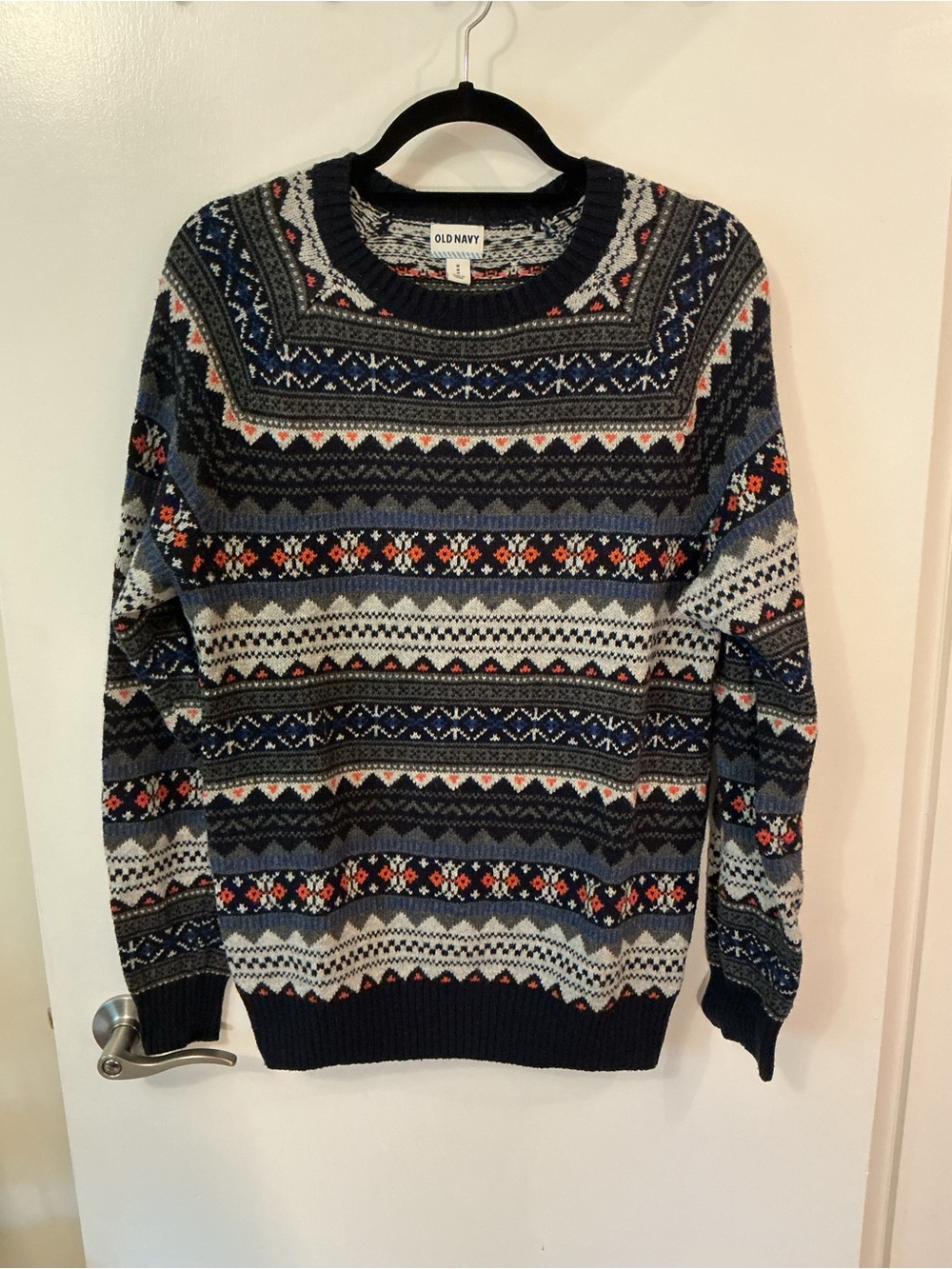 Old Navy Men's Navy Fair Isle Pattern Crewneck Sweater with Red & Cream Accents